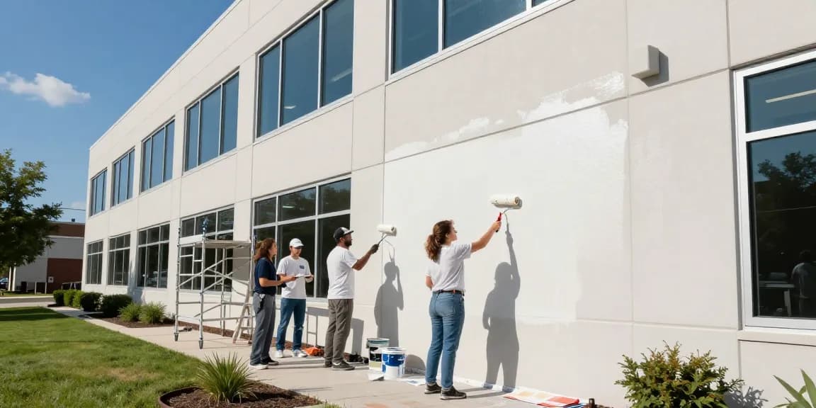 Commercial painters Franklin County OH collaborating on a large office building project with bright skies and teamwork.