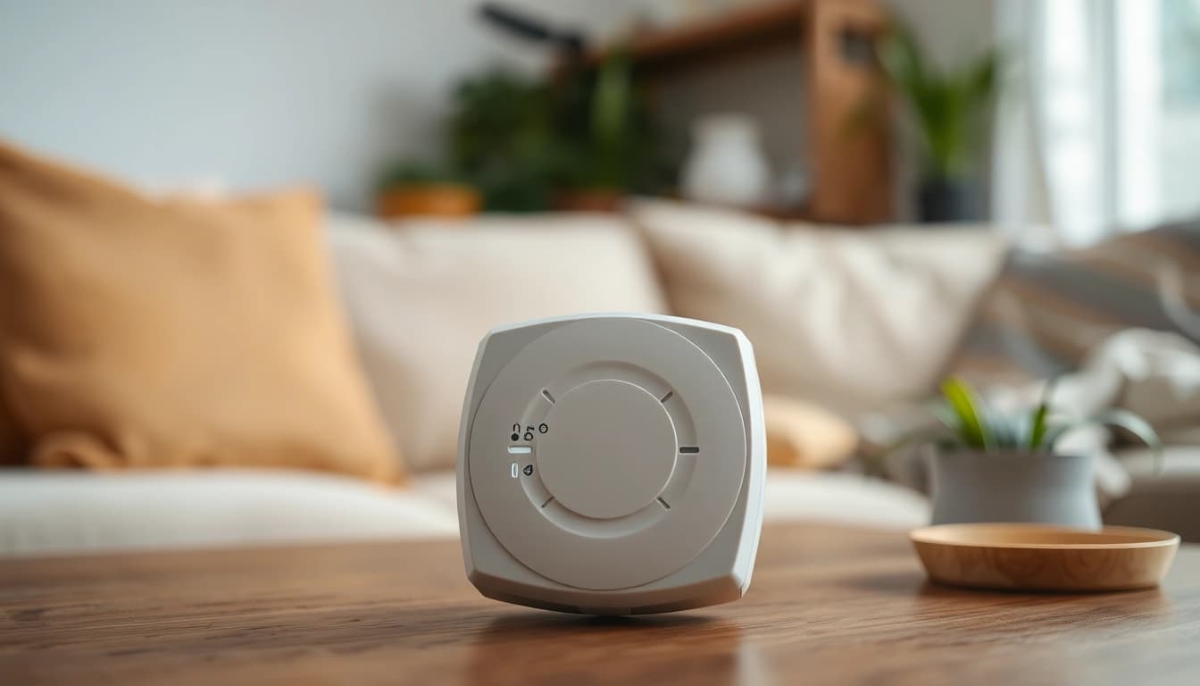 carbon monoxide detector beeping in a warm living room, showcasing safety features.