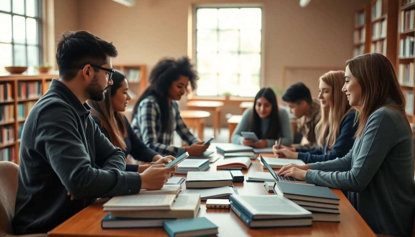 Dynamic study group collaborating in the exam assistance industry with engaging strategies.