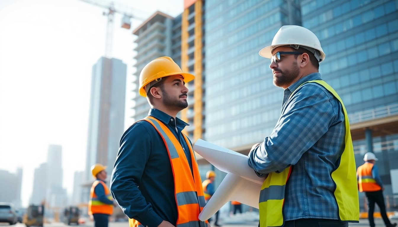 Skilled Manhattan Commercial General Contractor managing a busy urban construction site with workers and modern machinery.