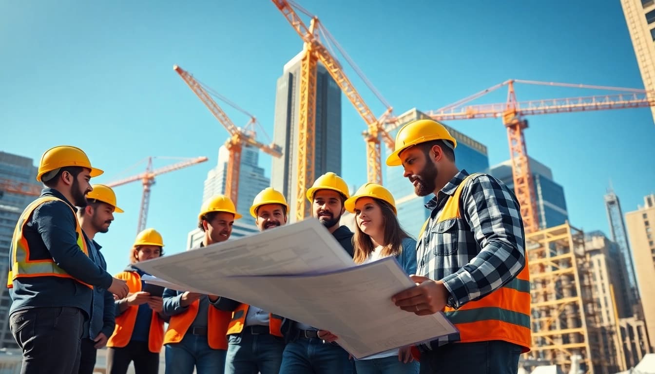 New York Commercial General Contractor team collaborating at a bustling construction site.