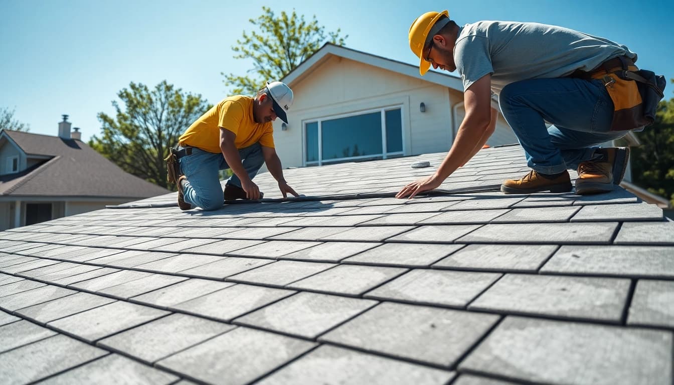 Installers providing high-quality roofing solutions to a residential property under bright sunlight.