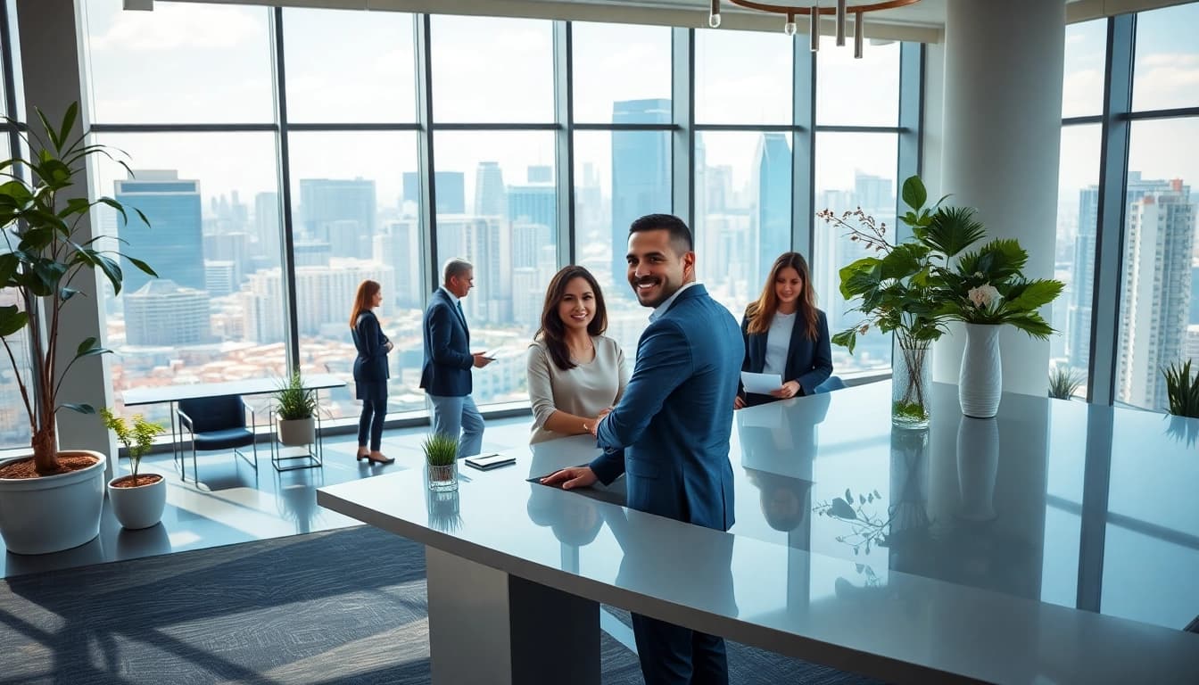 Engaging real estate agent assisting clients in a modern office environment.