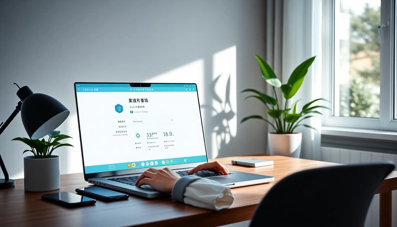 User connecting to 快连官网 on a laptop in a modern home office, highlighting efficient VPN access.