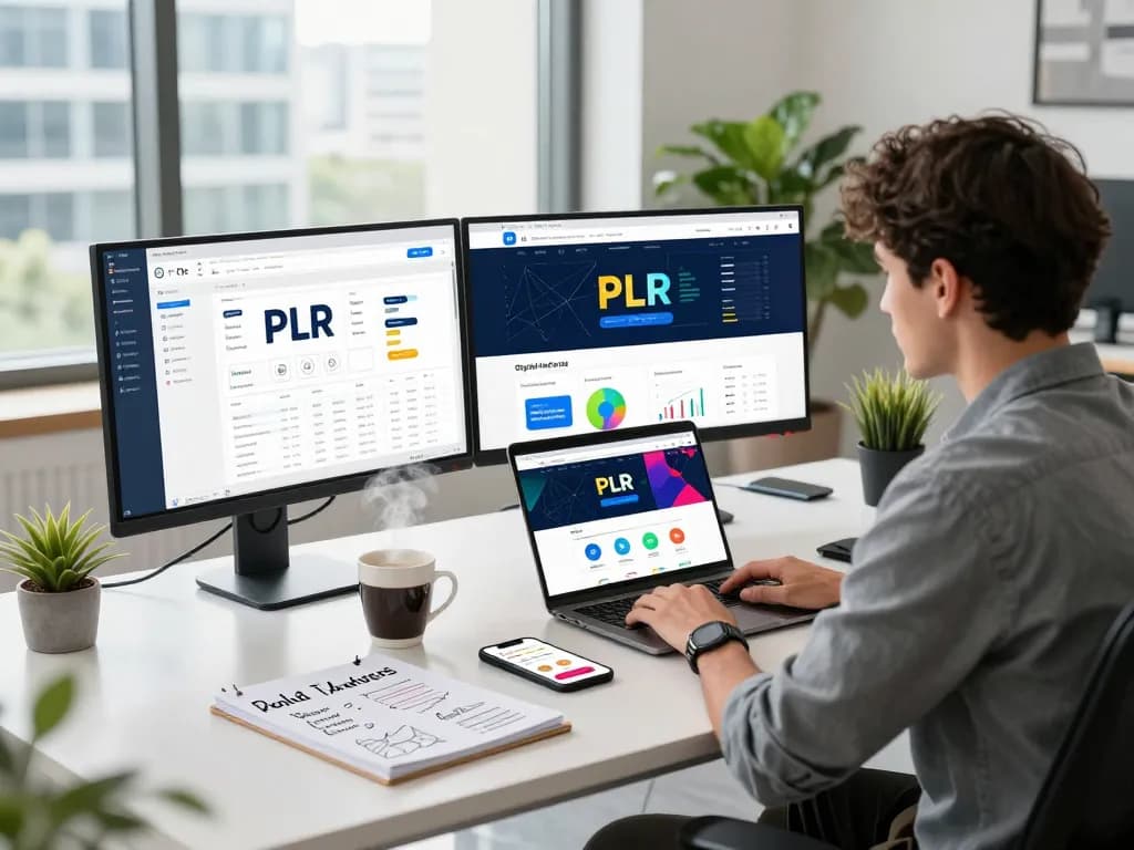 Purchase PLR Content in a vibrant workspace showcasing marketing analytics and engaging digital products.