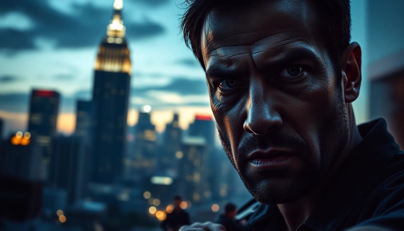 Protagonist facing danger in a clean action thriller, underscored by urban tension and dramatic lighting.