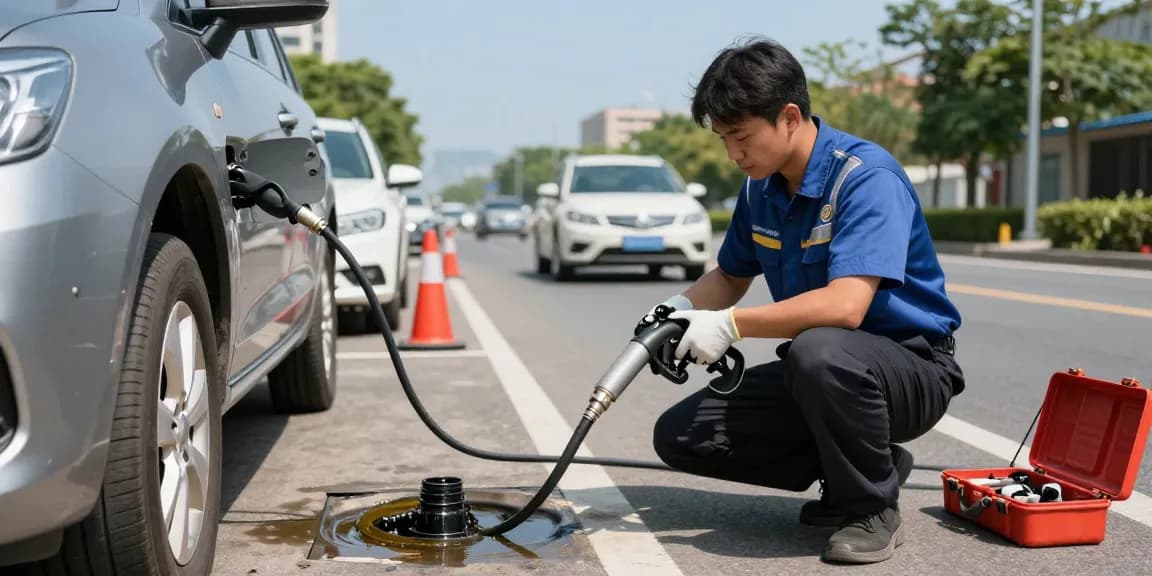 Technician addressing contamination in fuel tank using professional equipment for safe drainage.