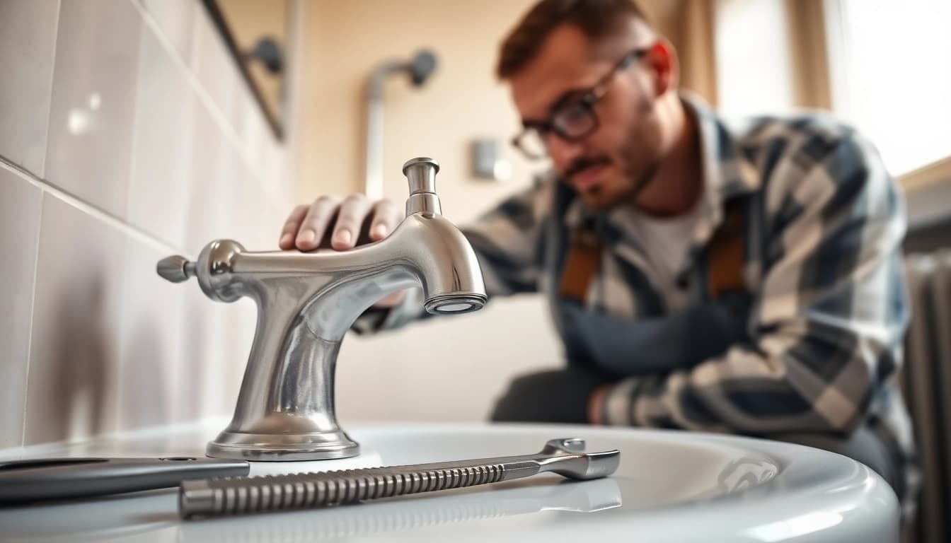 Find a reliable plumber near me fixing a faucet in a modern bathroom.
