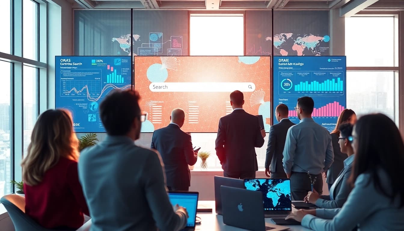Enhance ai enterprise search capabilities in a vibrant, modern office with professionals engaged in data clarity.