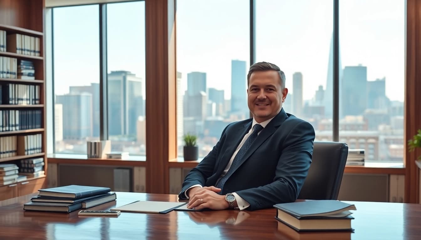 Eminent domain lawyer confidently consulting at a modern desk in a bright office setting.