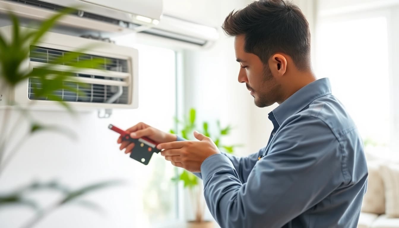 HVAC technician performing AC repair in Glendale AZ residential setting with bright lighting.