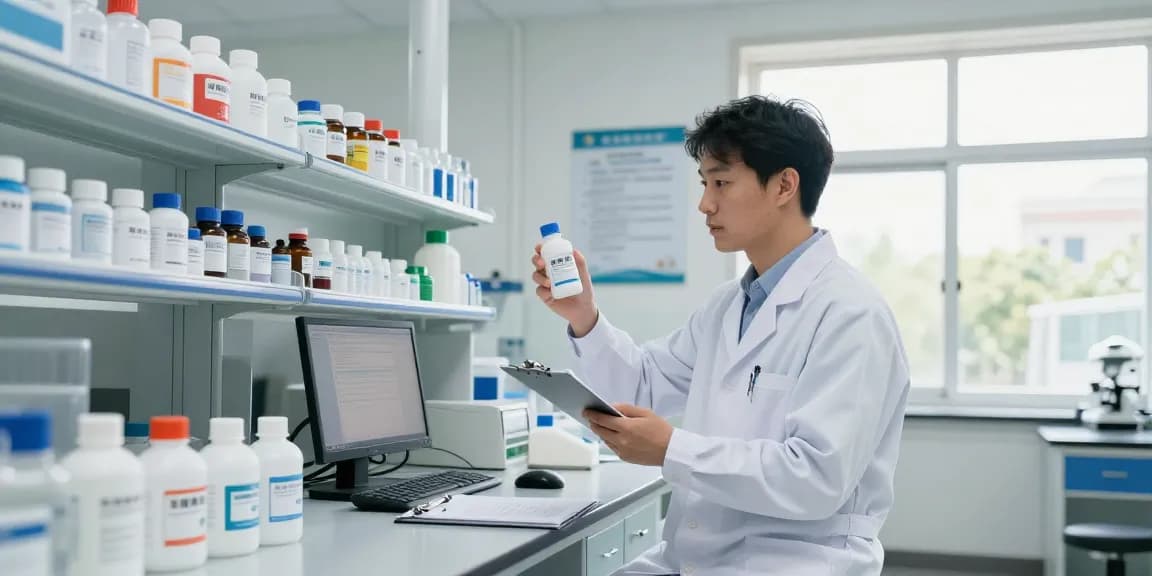 Pharmacist analyzing 消毒藥水 in a well-lit laboratory