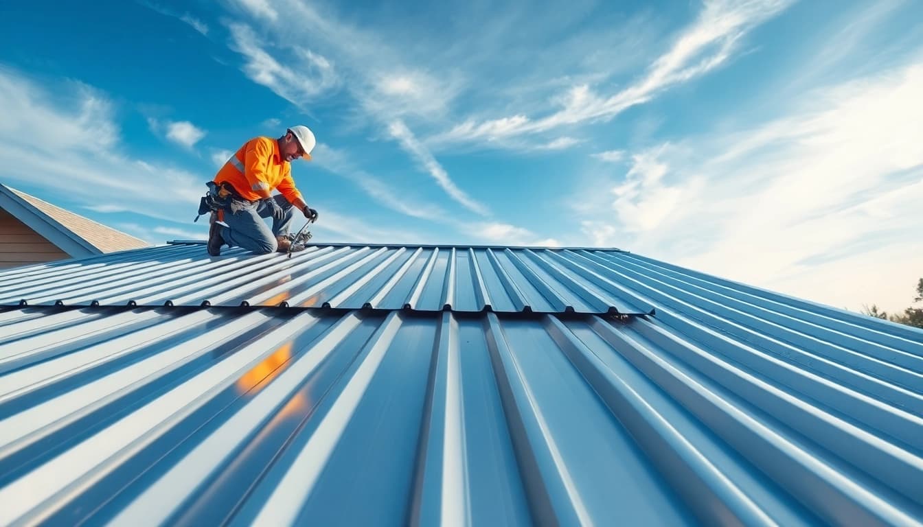 Installers showcasing metal roofing calgary with high-quality panels under bright skies.