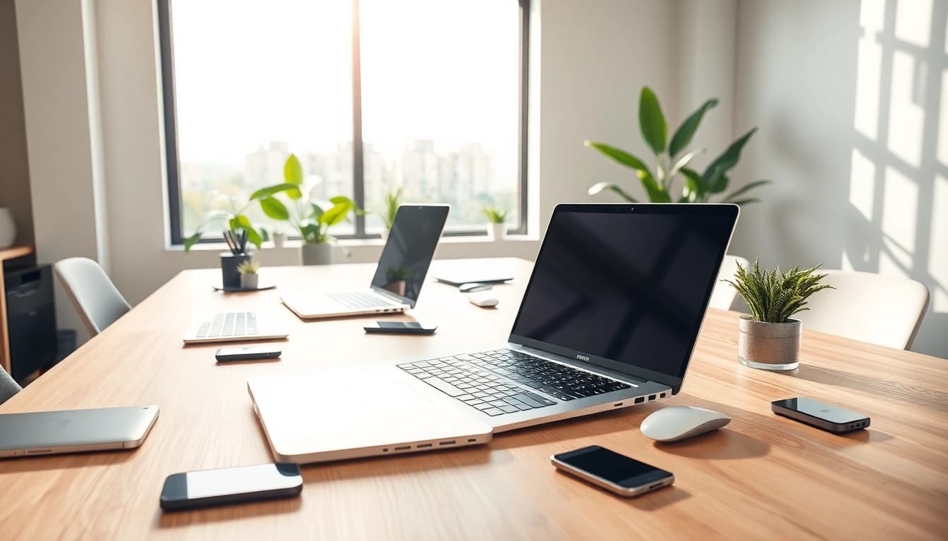 Drożeją laptopy na eleganckim biurku z nowoczesnymi gadżetami