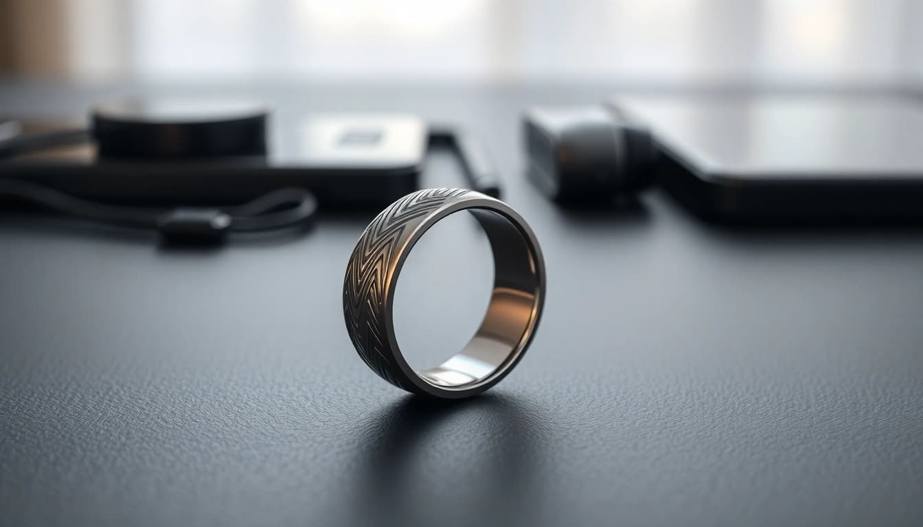 Showcasing a sleek smart health ring on a reflective surface, highlighting its advanced features.