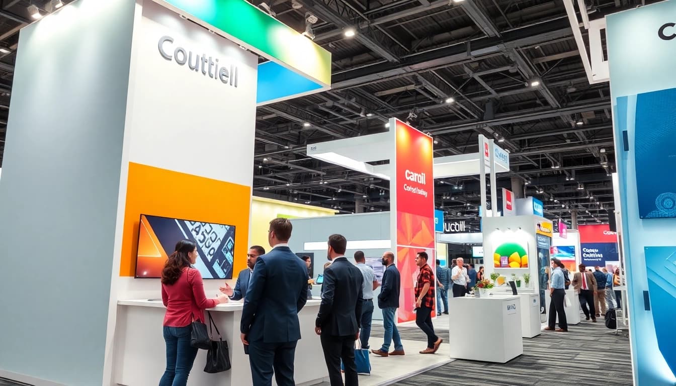 Engaging trade show booth showcasing representatives interacting with attendees in a lively setting.