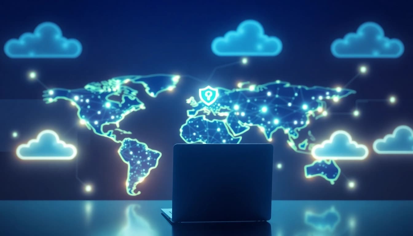 Access secure online experiences with vpn, illustrated in a digital world map.