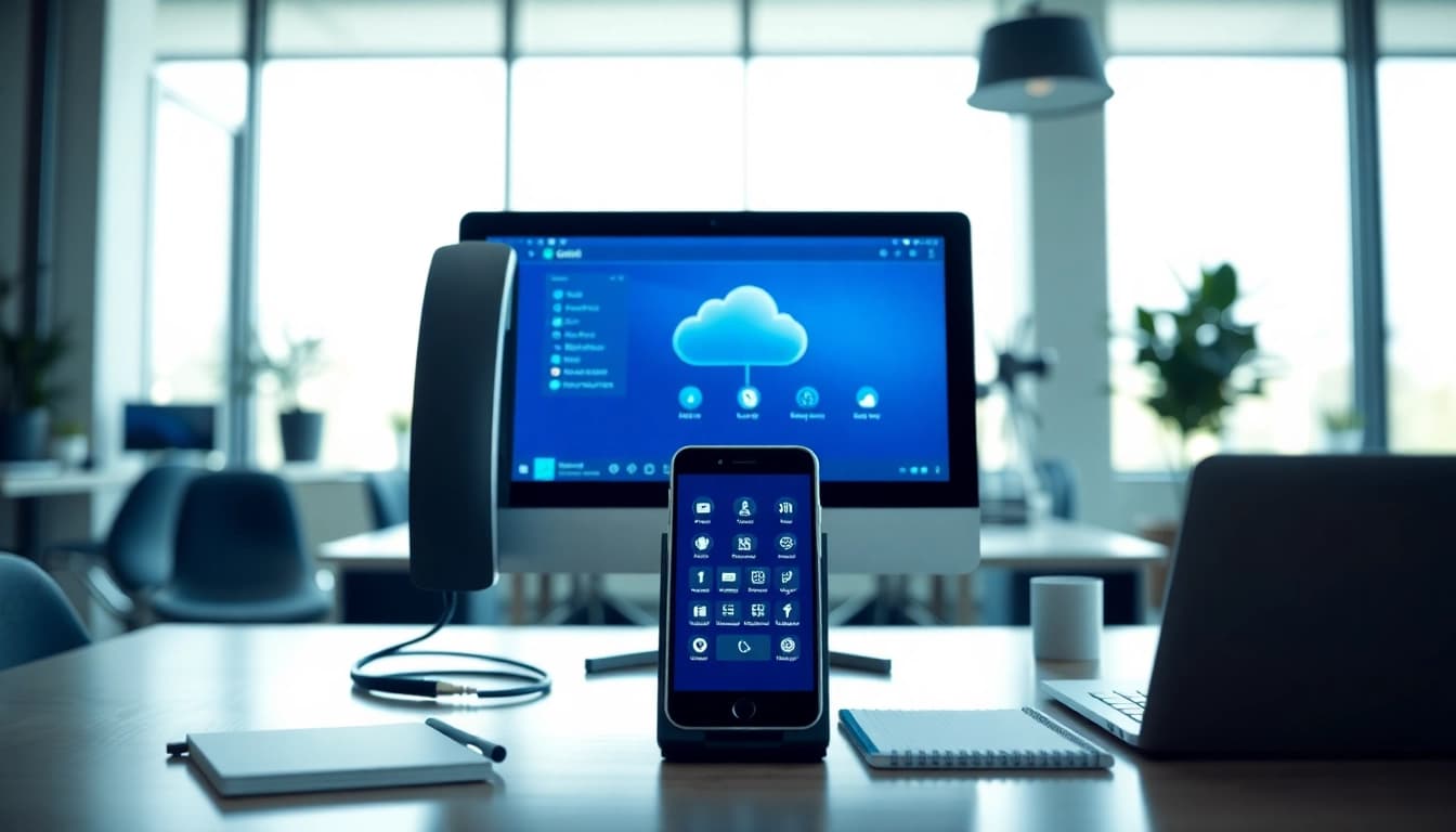 Visualize a cloud based phone system in a modern office with sleek devices and a bright atmosphere.