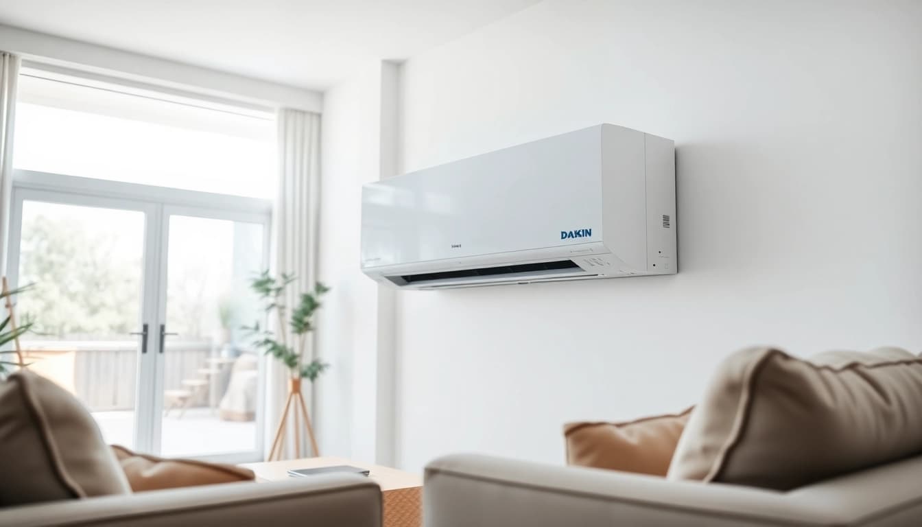 Install daikin mini split AC unit in a bright living room with modern decor.