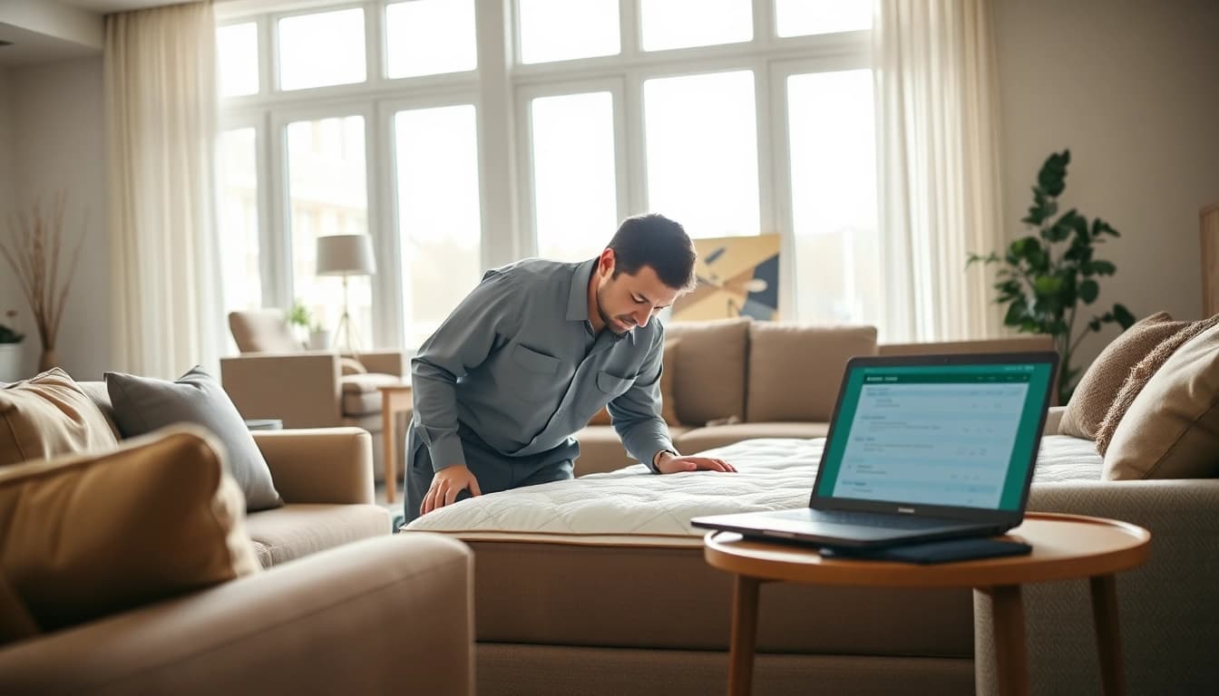 Technician performing bed bug pest control in a modern living room, ensuring thorough inspection.
