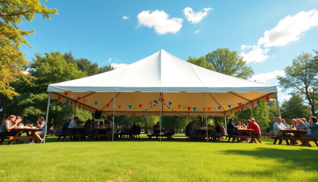 Gathering under a canopy tent featuring colorful decor in a vibrant outdoor setting.