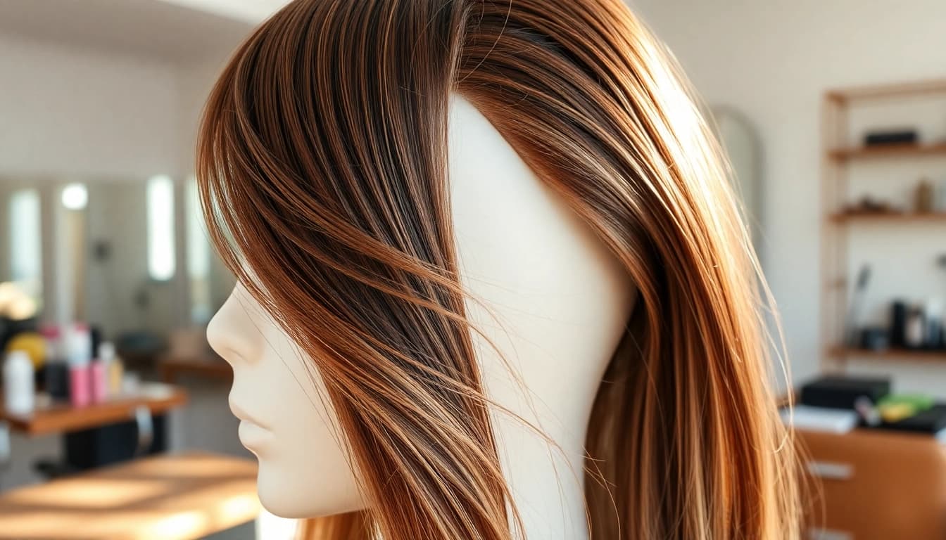 Sew in weft hair extensions displayed beautifully on a mannequin in a salon setting.