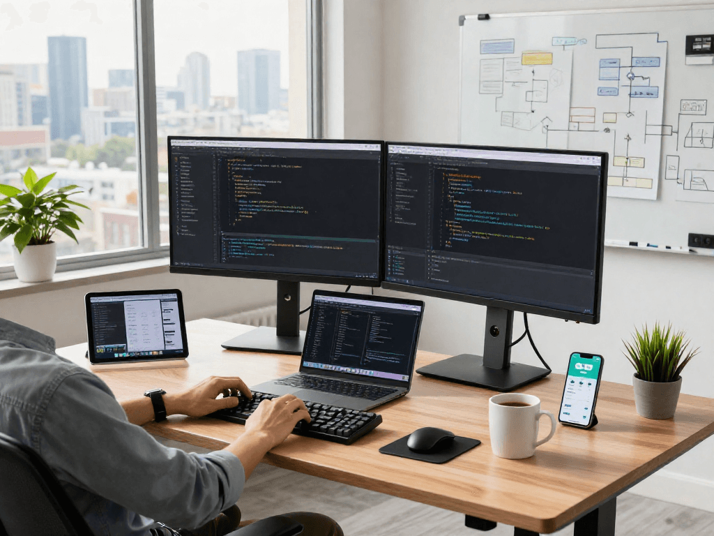 Developer coding on dual monitors in a bright tech workspace, showcasing crushon ai software innovations and productivity.