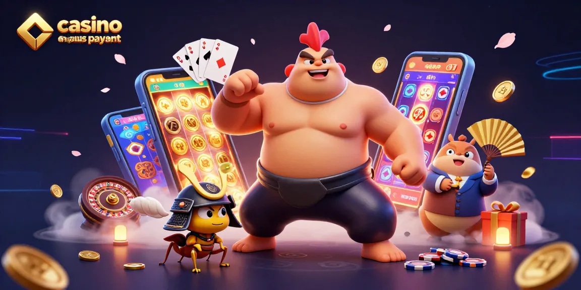 Scène dynamique de casino en ligne le plus payant avec un sumo indomptable et un samouraï sur fond moderne.