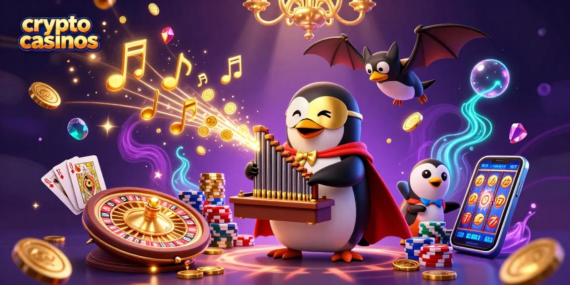 Illustration 3D captivante de crypto casinos avec un pingouin jouant de l'orgue, pièces dorées volantes et jeux de lumière.