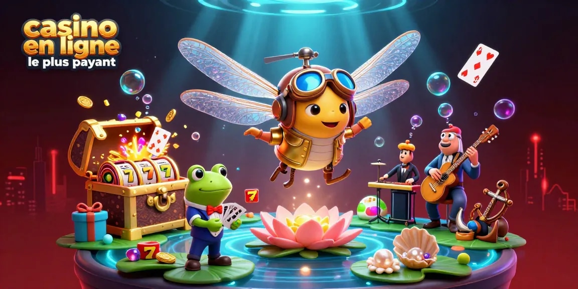 Des jeux de casino en ligne le plus payant avec une illustration d'un pilote en hélicoptère libellule et un croupier grenouille.