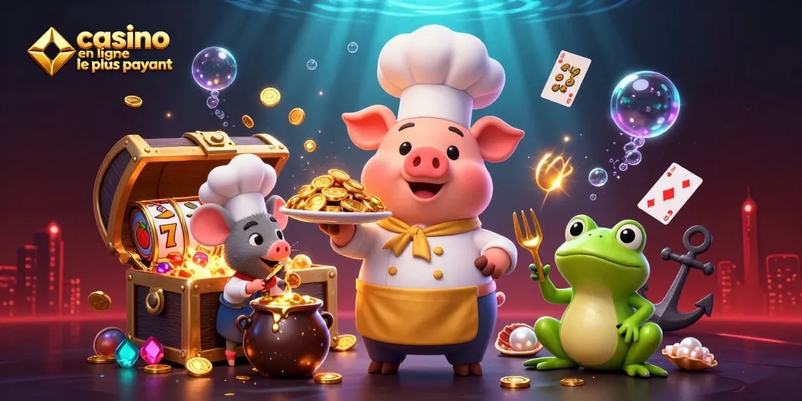 Illustration du chef en ligne le plus payant, servant des pièces d'or, accompagné d'un souriceau et d'une grenouille.