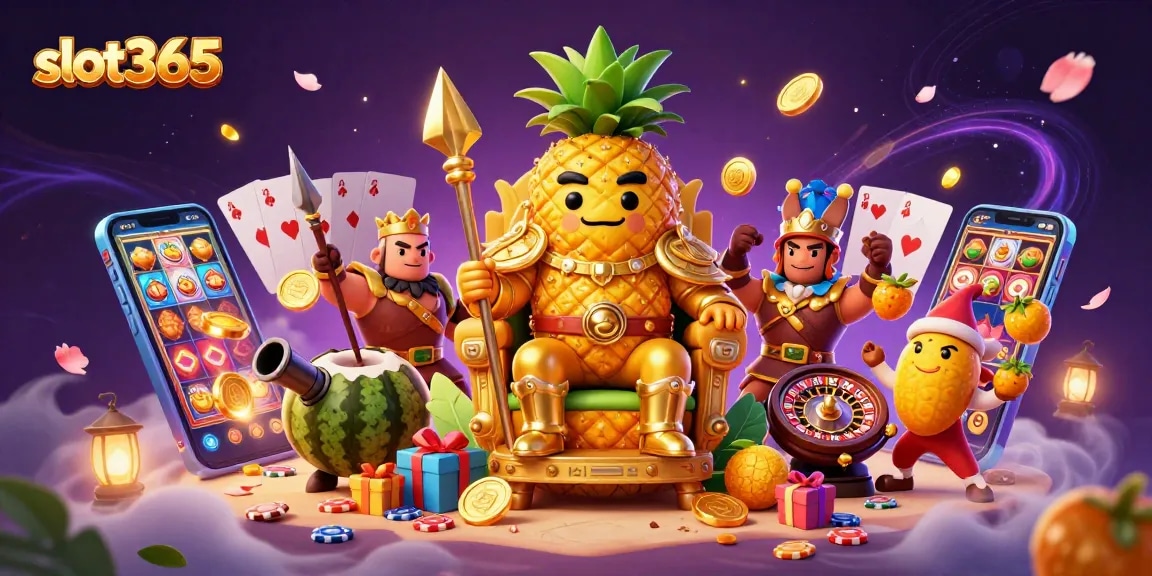 Experience thrilling entertainment with slot365, featuring a vibrant beach casino scene with golden characters and game elements.