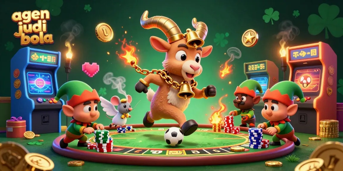 A dynamic illustration showcasing agen judi bola with cartoon characters in a lively sports betting casino atmosphere.