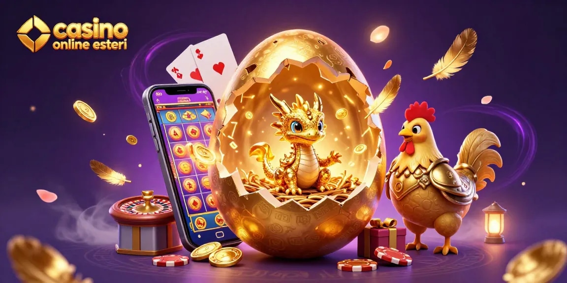Scopri casinò online esteri con un drago dorato e giochi d'azzardo affascinanti in un'illustrazione vivace.