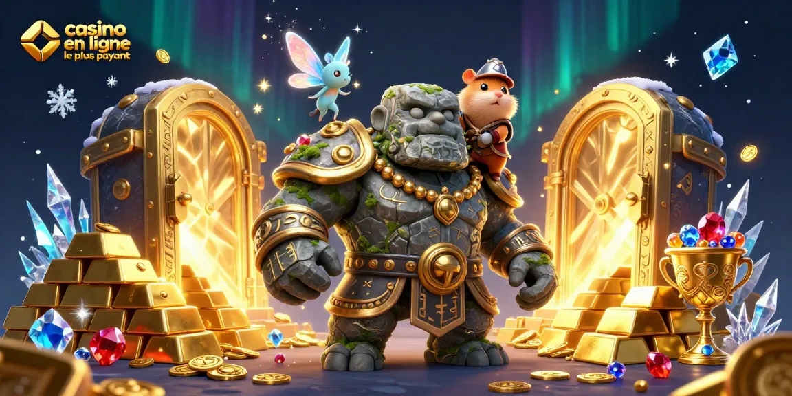 Illustration dynamique de casino en ligne le plus payant avec un golem, une fée et un hamster.