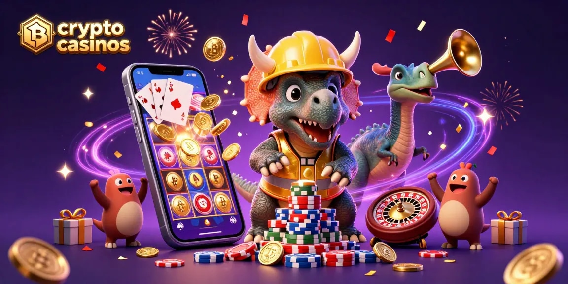 Action festive des crypto casinos avec des dinosaures et des éléments de jeu colorés, célébrant la chance.