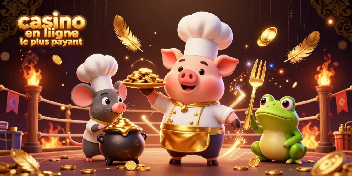Illustration représentant un chef pig servant des pièces d'or au casino en ligne le plus payant, entouré de pièces et feux d'artifice.