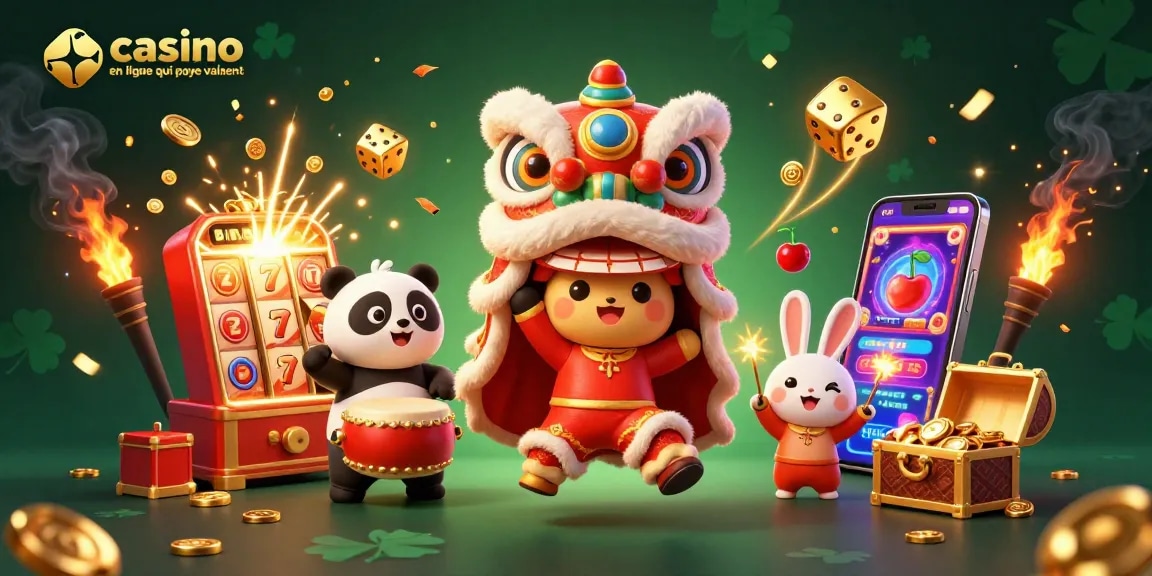 Jouez sur un casino en ligne qui paye vraiment avec une illustration dynamique et festive, mettant en avant un lion dansant et des personnages ludiques.