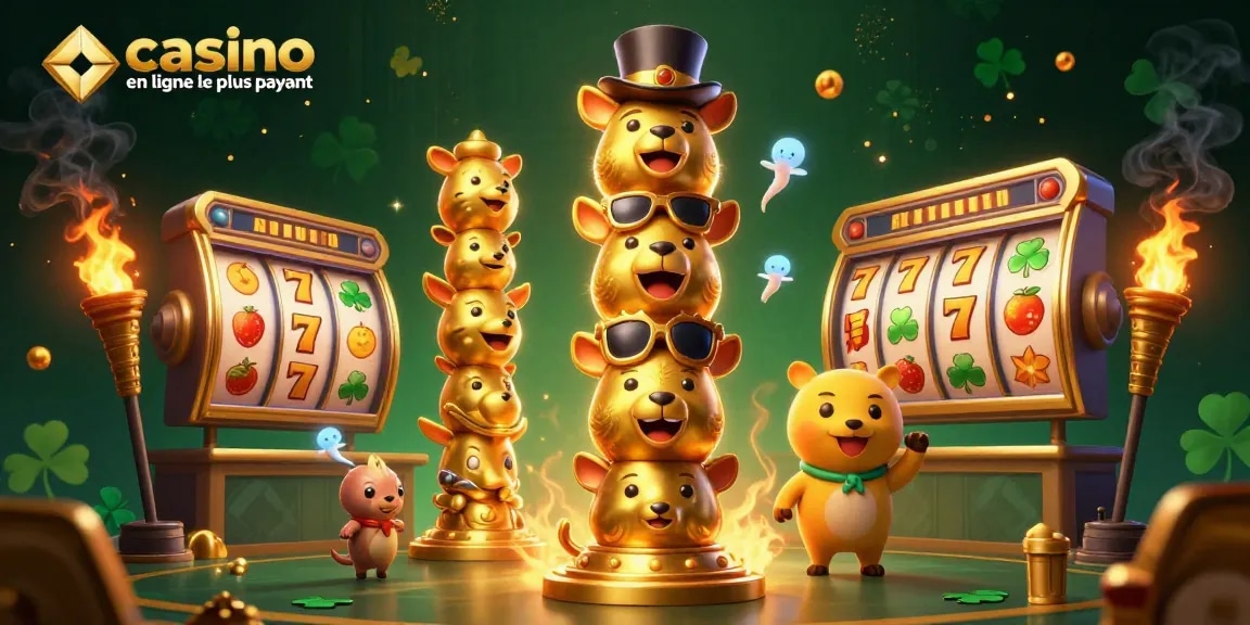 Illustration dynamique de casino en ligne le plus payant présentant un totem animé et des éléments de jeu.