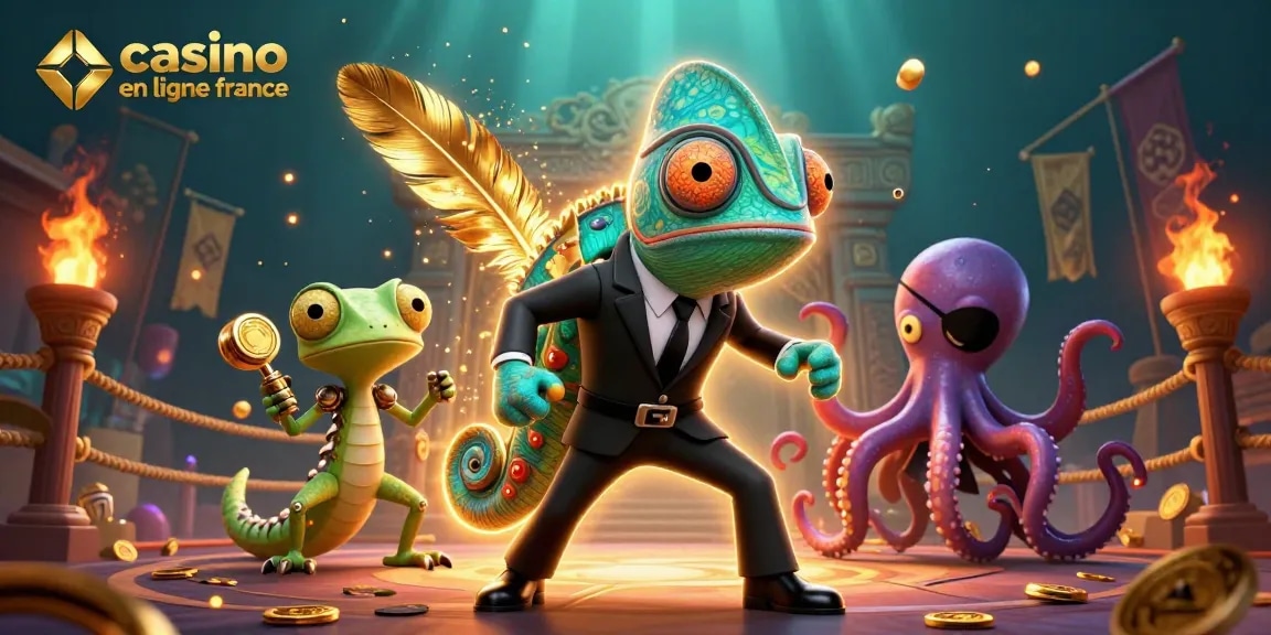 Jouez au casino en ligne en France avec style dans une scène dynamique remplie de couleurs vives et d'éléments de jeu.