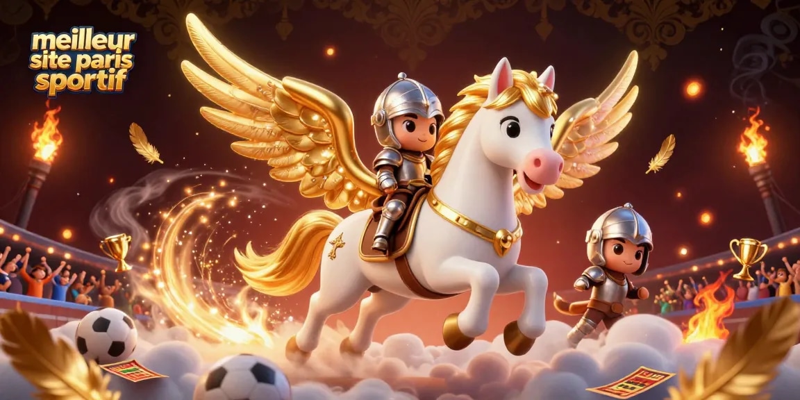 Plongez dans l'univers du meilleur site de paris sportif avec un cheval céleste et un chevalier en armure.