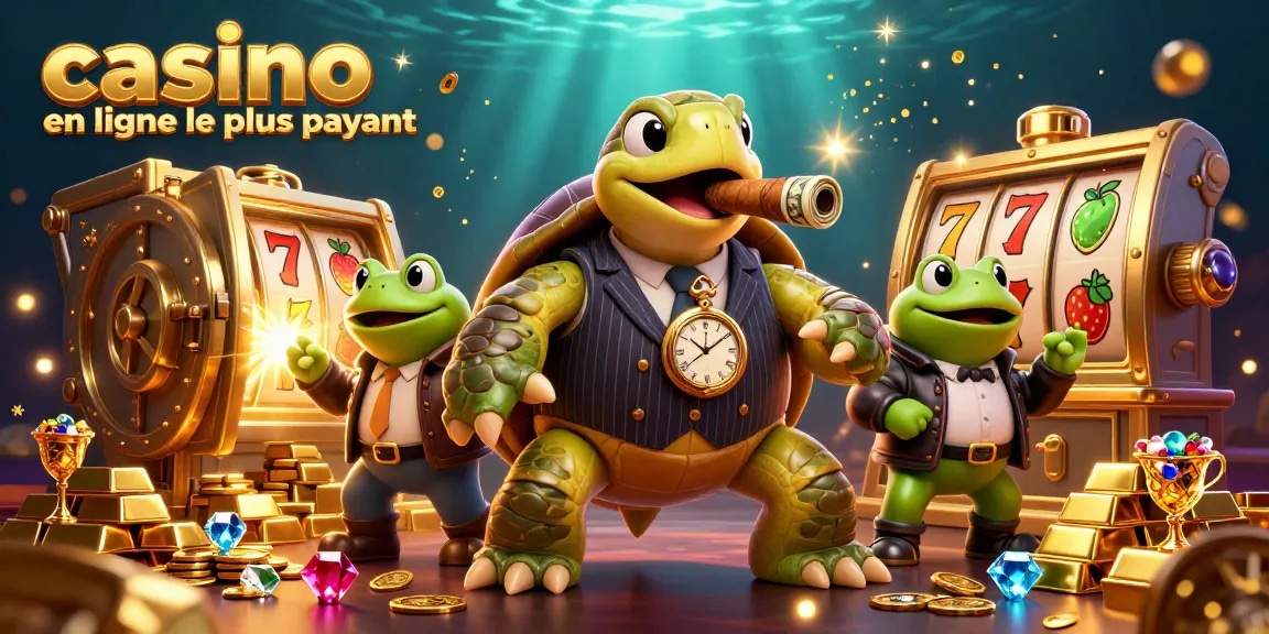 Illustration de casino en ligne le plus payant mettant en scène une tortue géante en costume avec des lucioles brillant comme des lumières de casino.