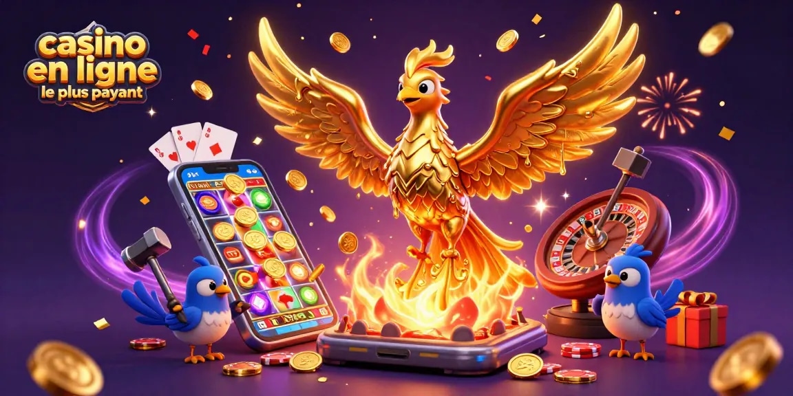 Illustration dynamique de casino en ligne le plus payant avec un phénix doré et des éléments de jeu colorés.