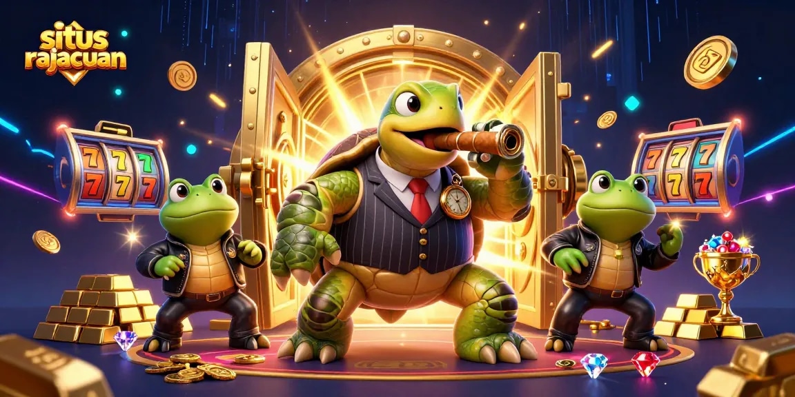 Menggulung gulungan uang dengan situs rajacuan di ilustrasi 3D kartun yang menampilkan karakter penyu mafia.