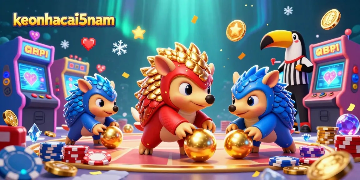 Engage in thrilling casino competition with keonhacai5nam featuring rival pangolins and poker chips.