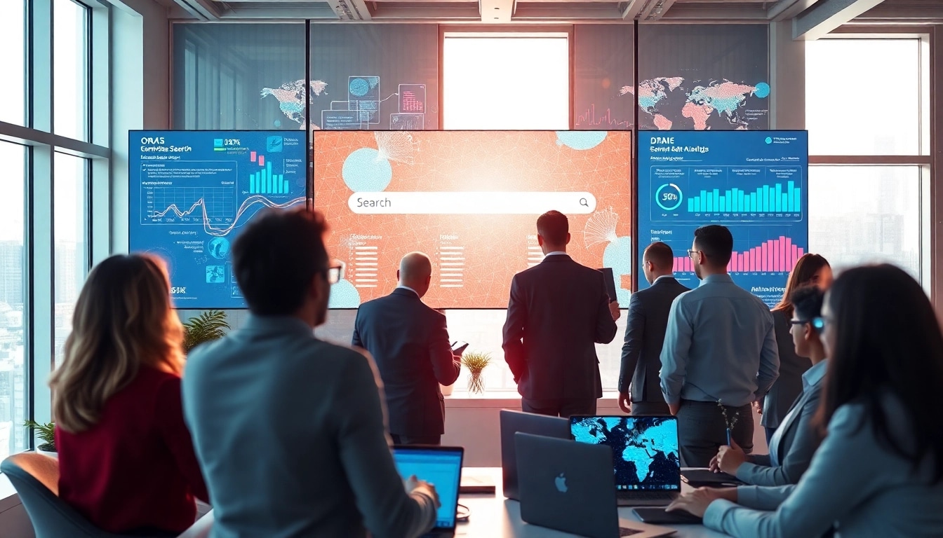 Enhance ai enterprise search capabilities in a vibrant, modern office with professionals engaged in data clarity.