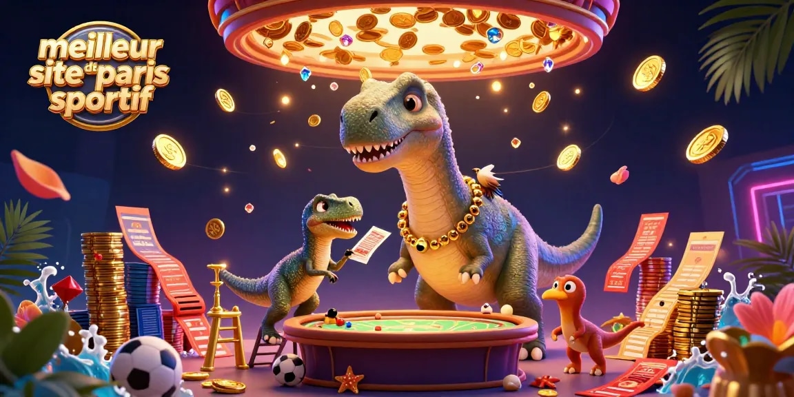 Illustration dynamique représentant le meilleur site de paris sportif avec des personnages de casino et des éléments de paris sportifs.