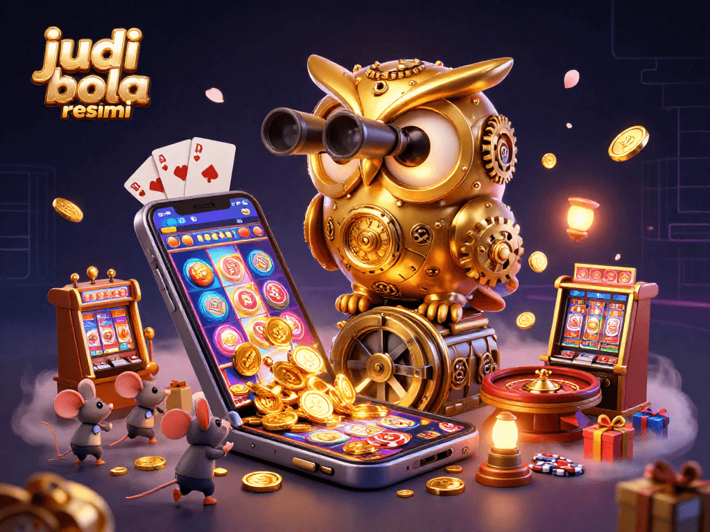 Experience thrilling judi bola resmi action with a detailed casino scene featuring an owl and vibrant gaming elements.