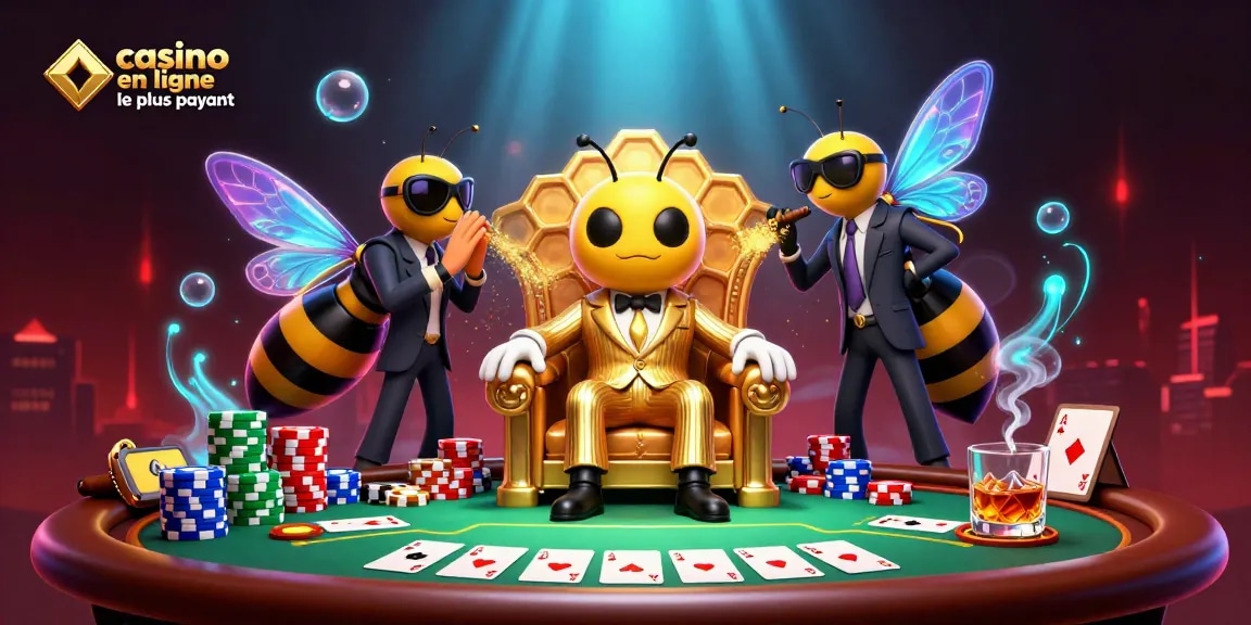 Illustration représentative du casino en ligne le plus payant, mettant en scène un boss de mob en costume, des gardes, et des cartes de poker.