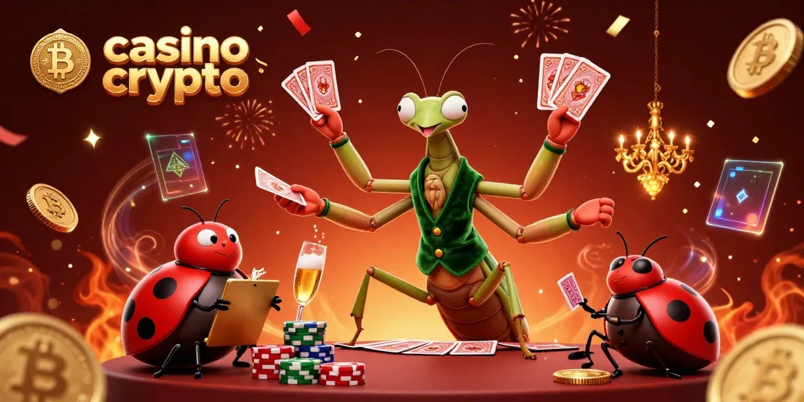 Jouez sur un casino crypto avec des éléments dynamiques et festifs, comme des pièces de Bitcoin et des doublés de gains.